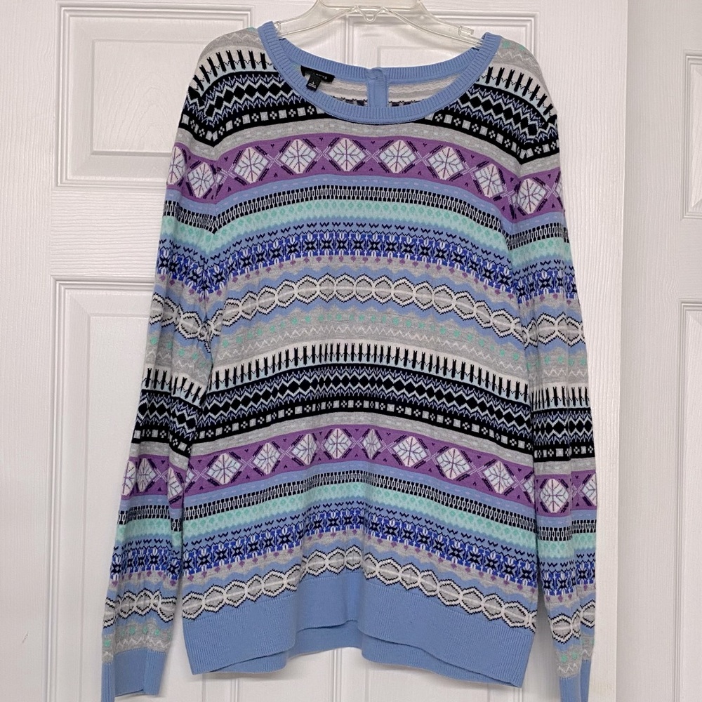 Talbots Light Blue Colorful Fair Isle Design Lambs Wool Back Button Sweater Sz L